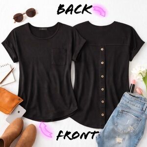 Flower & Feather Black Button Back Short Sleeve Size L Soft Stretch Pocket Tee